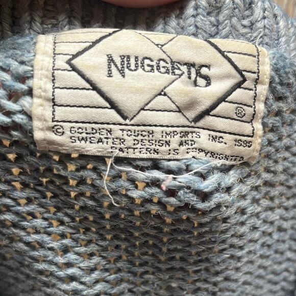 Vtg Hand Knit Fringe Cardigan Sweater Blue Floral Granny Cottage 80s Boho Size L - Picture 6 of 7